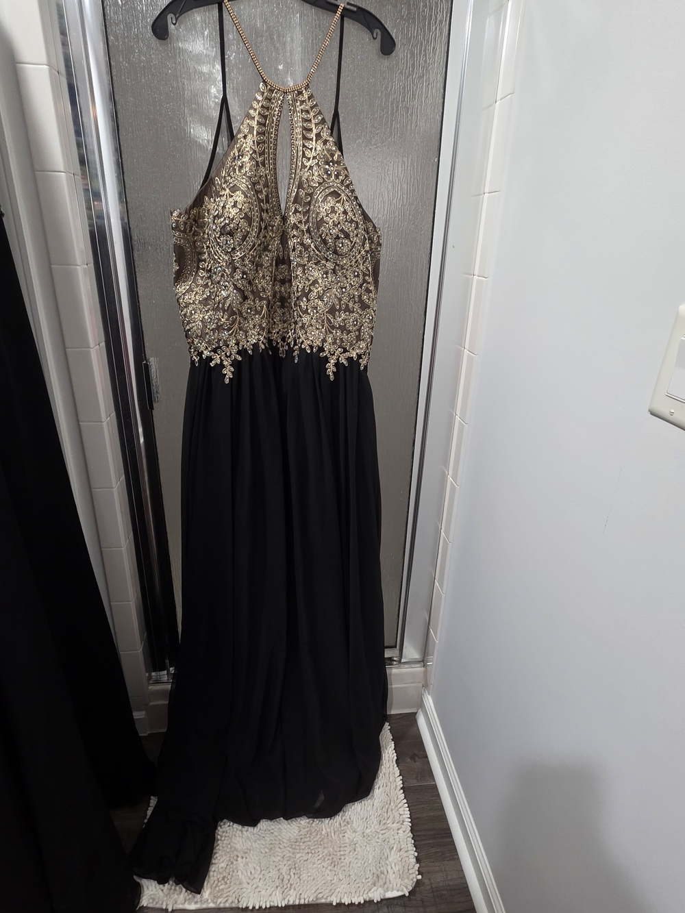 Dave & Johnny Black Gown with Gold Beaded Halter Bodice